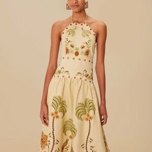 Sand Delicate Forest Richelieu Embroidered Euroflax™ Premium Linen Midi Dress